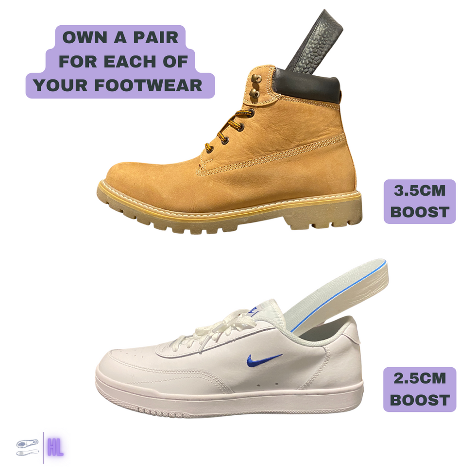 One 3.5cm & 2.5cm height boost insoles. Get one pair for goes out out and another for day to day wear. height boosting footwear inserts.