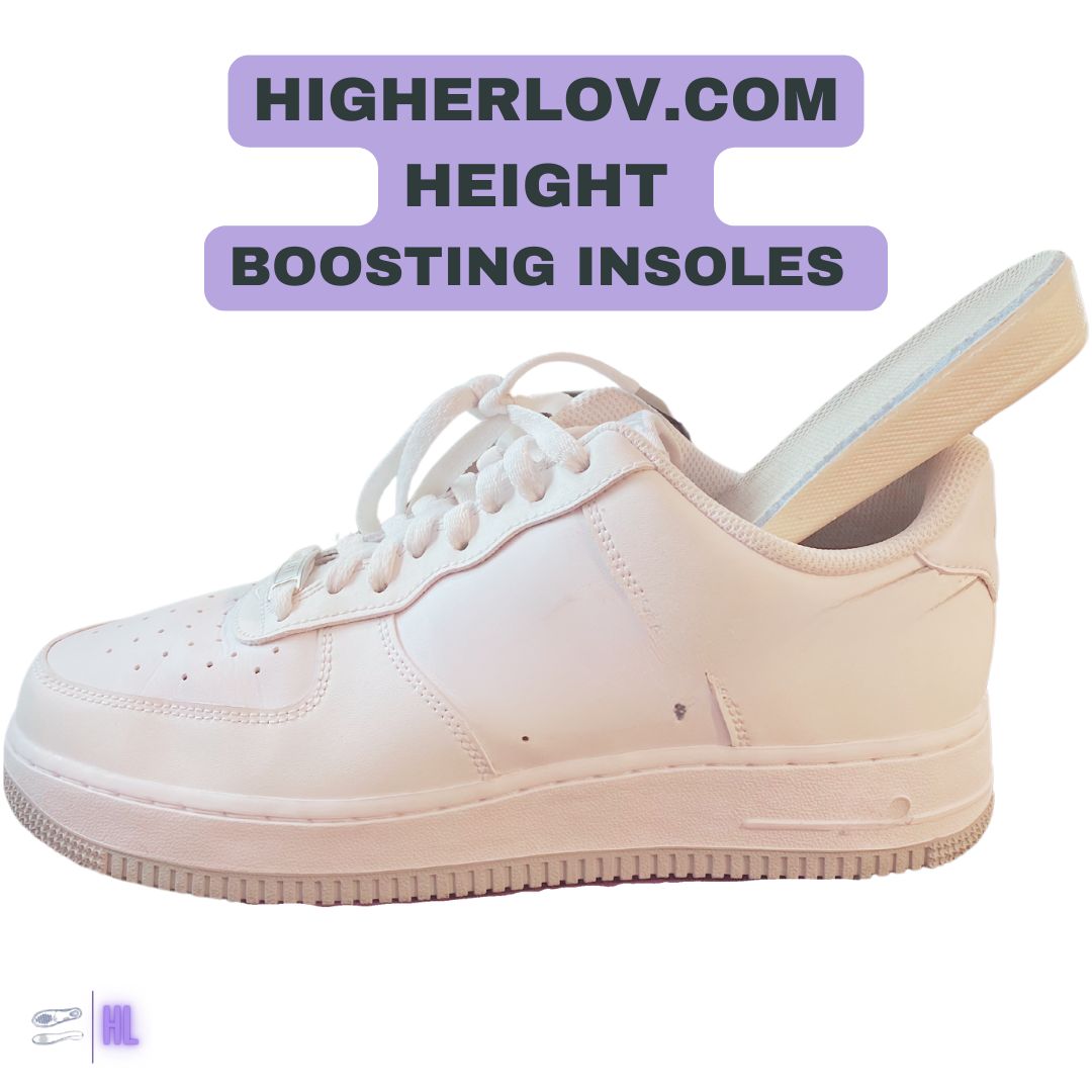 Beige sneaker with text about height-boosting insoles on a white background