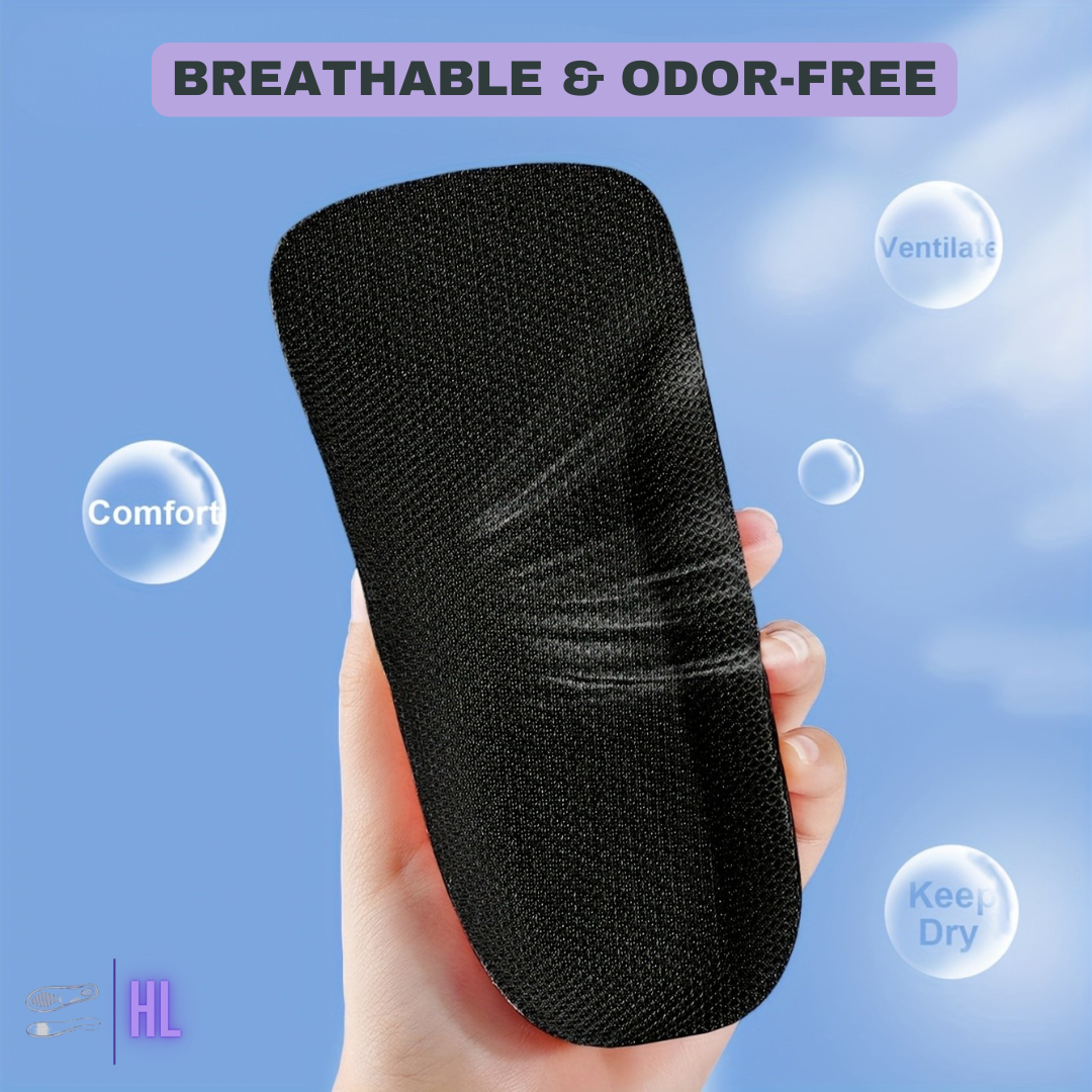 Black shoe insert held in a hand with 'Breathable & Odor-Free' text and icons on a blue background