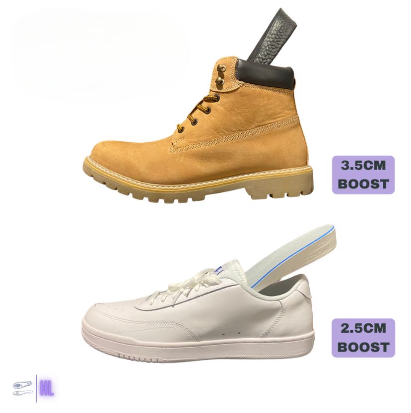 Yellow boot and white sneaker with height boost indicators on a white background