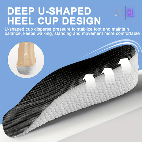 Shoe insole with deep U-shaped heel cup design on a blue background